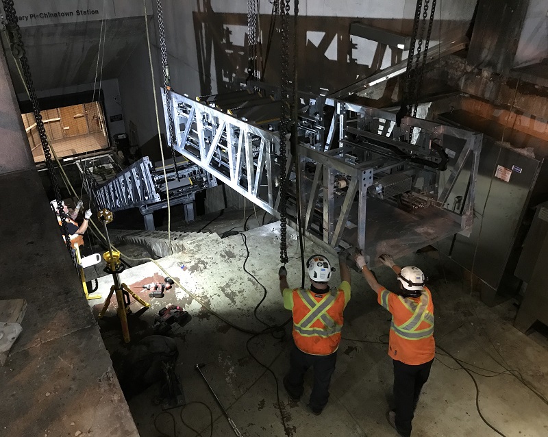 Rigging in new escalators at Gallery Place West, May 2021