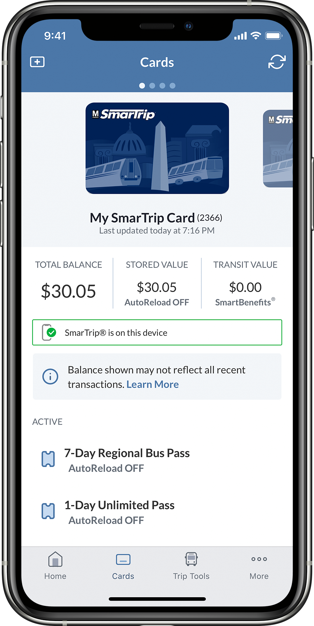 smartrip app iphone cards screen