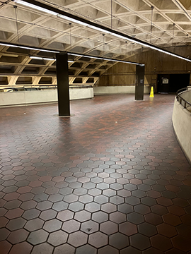 A picture of the route to cross over the Green and Yellow line tracks to get to the Greenbelt side of the platform. The path is diagonally forward and left.