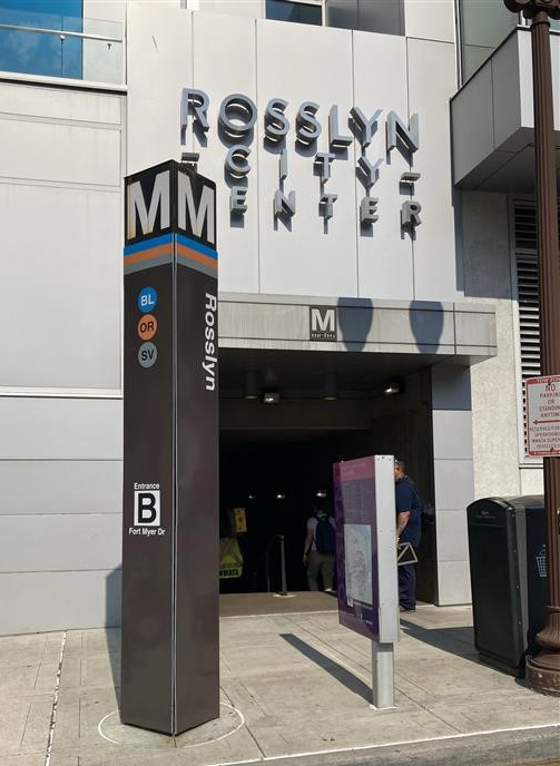 New pylon design at all Rosslyn entrance/exits features bigger Metrorail icons and lettered entrances/exits.